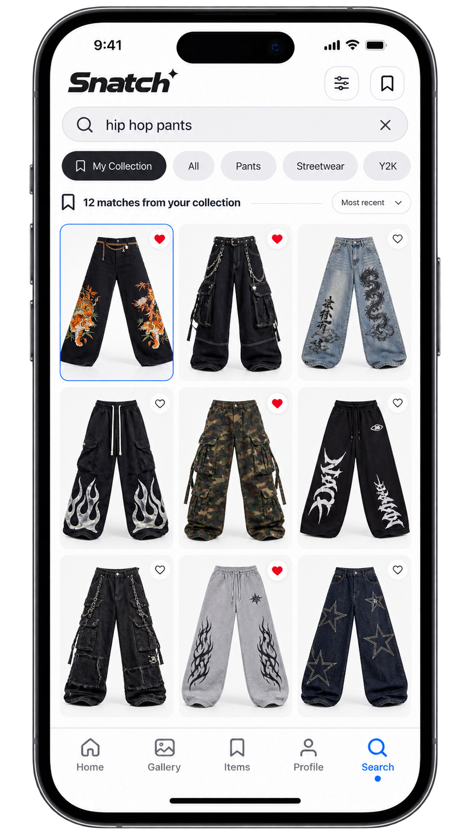 A search for hip hop pants inside the user's Snatch collection showing matching previously discovered pants