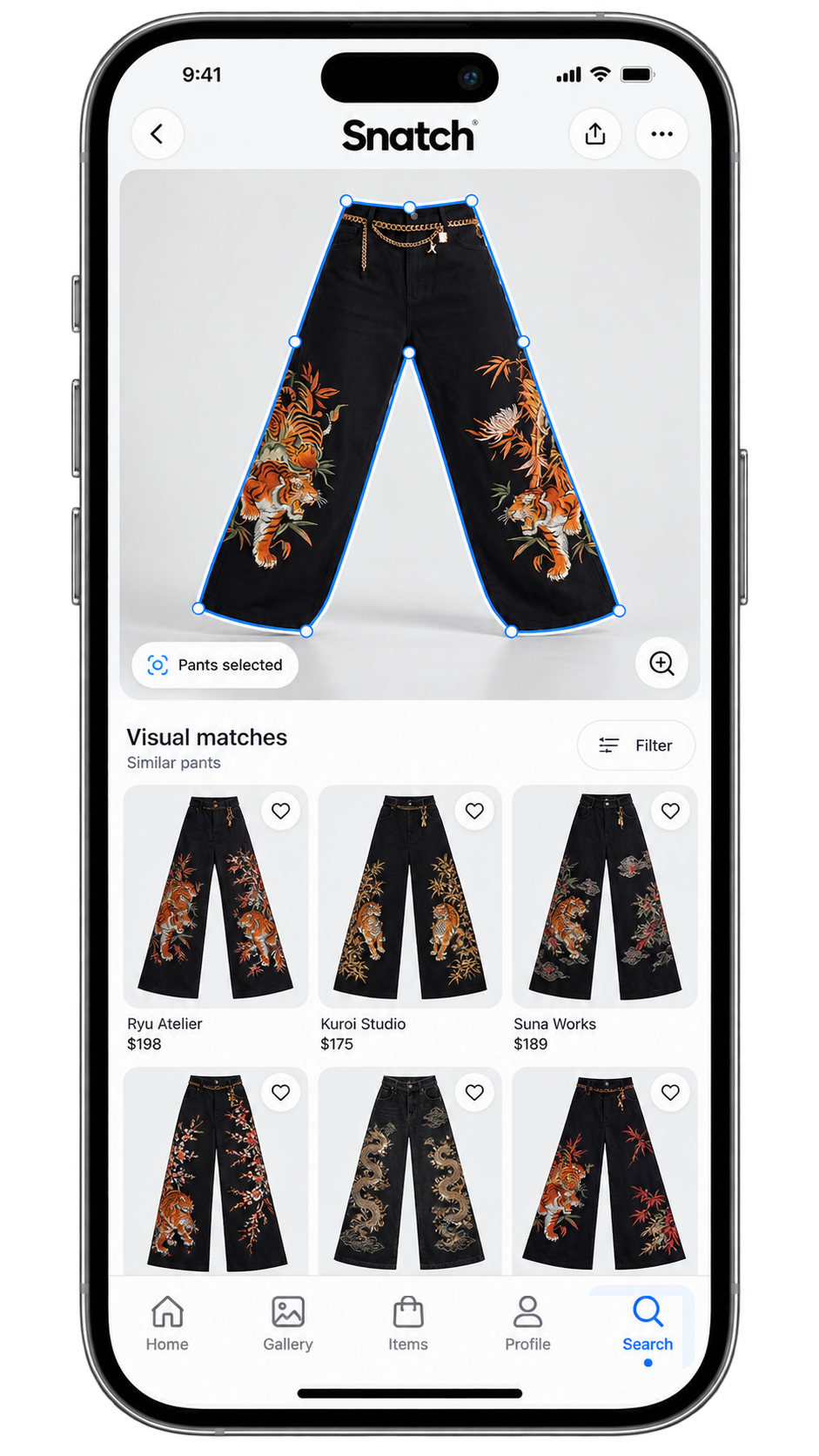 The full captured scene in Snatch with the pants selected and similar pants shown as visual-search results